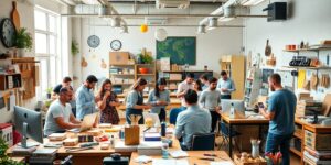Modern small business workspace with laptop and coffee