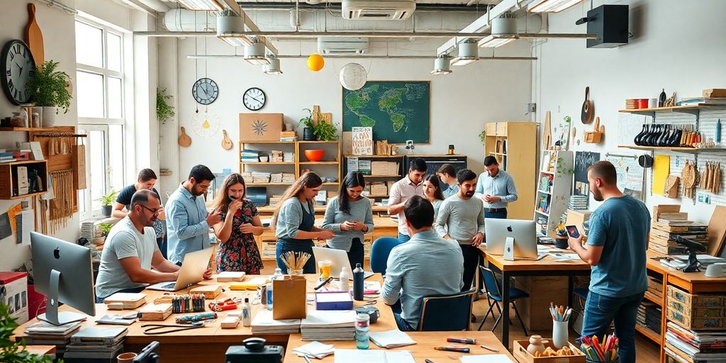 Modern small business workspace with laptop and coffee